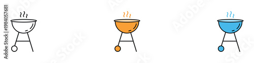 Barbecue grill icon set for summer cookout and outdoor picnic. Minimalist collection of charcoal BBQ and backyard party cooking symbols. Vector Illustration.
