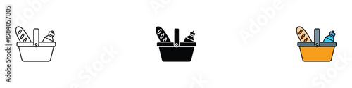 Picnic basket icon set with bread and water bottle for outdoor lunch. Minimalist collection of park leisure and family outing food carrier symbols. Vector Illustration.