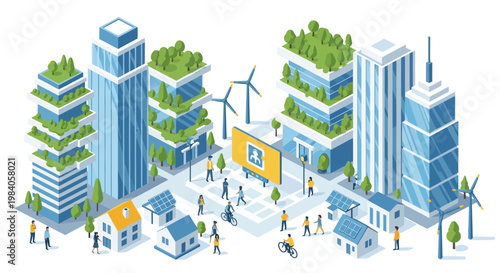 Isometric eco cityscape with buildings and people a vibrant silhouette on transparent background