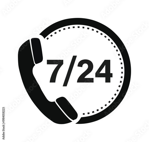 Vector icon of a telephone with 7/24 availability text inside a circle