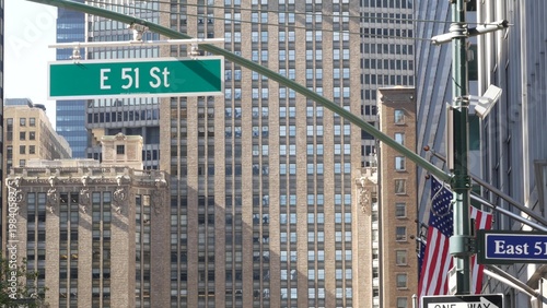 New York City Park Avenue, 53 street sign in Manhattan Midtown, United States. American urban road sign, traffic sign in NYC, USA. Building architecture near Grand Central. Central business district.