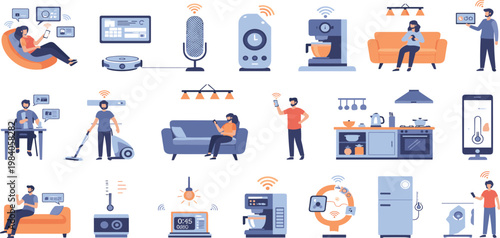 Smart home automation vector illustration set featuring people controlling household appliances and electronic devices with wireless technology in a modern living environment