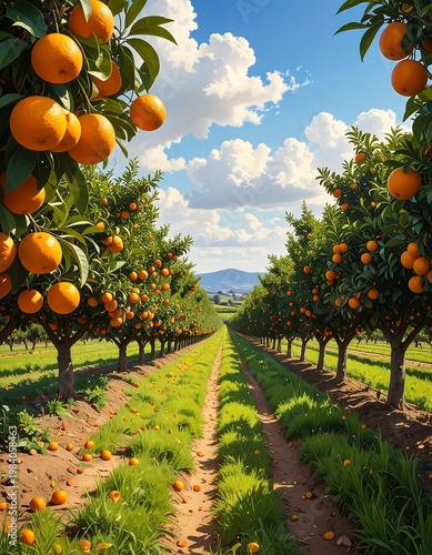 A serene orchard with lush trees and vibrant oranges under a bright blue sky