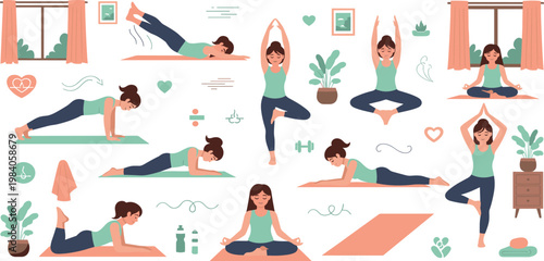 Vector set of woman practicing yoga poses and home workout exercises for health wellness meditation and physical fitness in a cozy room environment