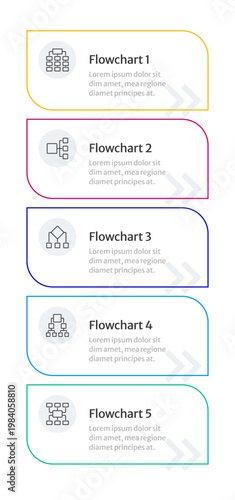 Flowcharts multicolor rounded infographic 5 steps. System for managing repetitive processes. Business information organization. Editable thin line icons diagram process. Merriweather Sans font used