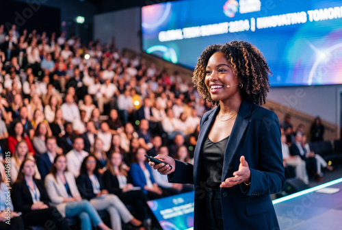 Female public speaker presenting to a large audience at a corporate technology summit