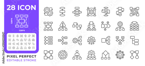 Workflow pixel perfect line icons set. System for managing repetitive processes. Business organization. Isolated vector outline illustrations. Thin lineart iconset symbols. Editable stroke