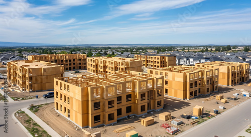 Aerial view of a large residential construction site with numerous apartment buildings in various stages of completion