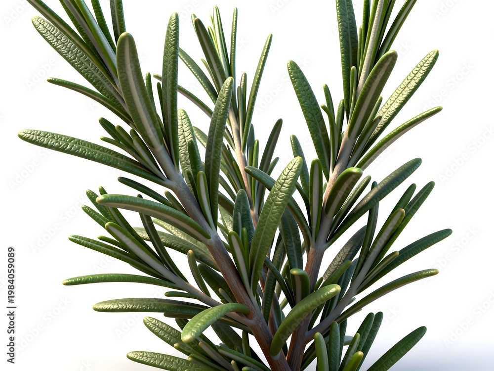 Fototapeta premium Rosemary Herb Branch with Green Needles on White Background