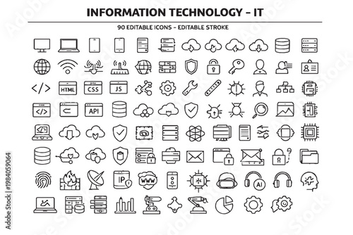 Information Technology Icons Set, IT Infrastructure, Network, Cyber Security, Cloud System, Database, Software Development, Digital Technology Line Vector Icons Collection