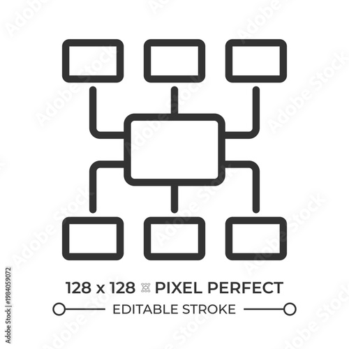 Mind map pixel perfect line icon. Visual hierarchical diagram to organize information. Workflow optimization. Isolated vector illustration. Outline symbol. Simple linear drawing. Editable stroke