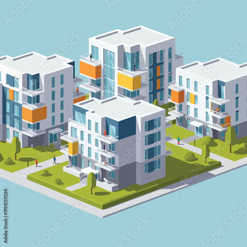 Modern Apartment Buildings with Balconies.