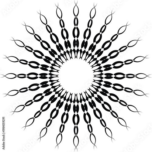 Black and white abstract radial pattern with interconnected oval shapes