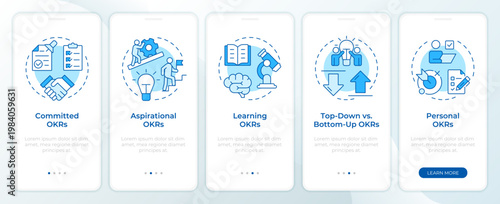 Various okr categories blue onboarding mobile app screen. Walkthrough 5 steps editable graphic instructions with linear concepts. UI, UX, GUI. Montserrat SemiBold, Regular fonts used