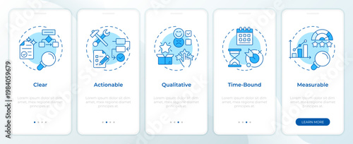 Essential okr values blue onboarding mobile app screen. Walkthrough 5 steps editable graphic instructions with linear concepts. UI, UX, GUI. Montserrat SemiBold, Regular fonts used