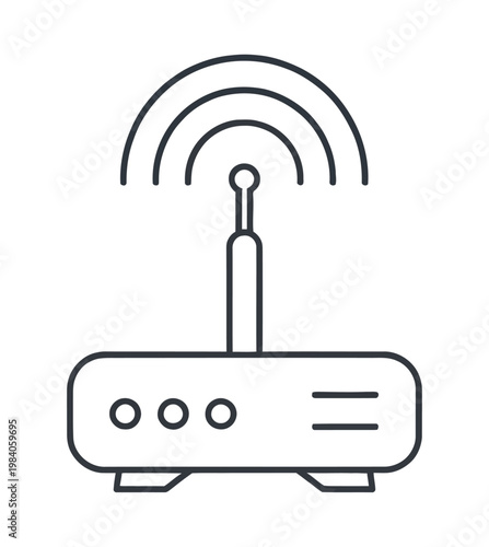 Vector of a wireless router with an antenna transmitting signal waves for internet connectivity