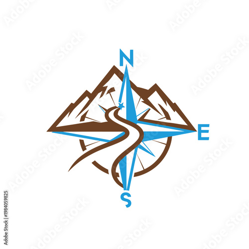 Brown and blue compass navigation symbol.