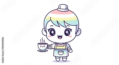 Cartoon boy holding coffee cup smiling.