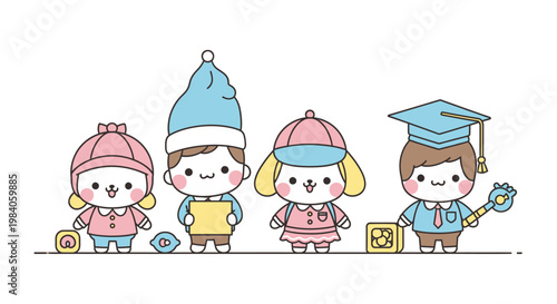 Cartoon characters in graduation celebration.