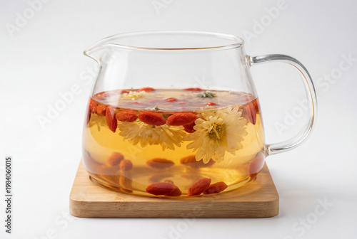 Herbal tea with goji berries and chrysanthemum flowers in a glass teapot on a wooden coaster
