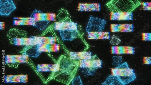 Abstract digital glitch art with colorful pixelated patterns on black