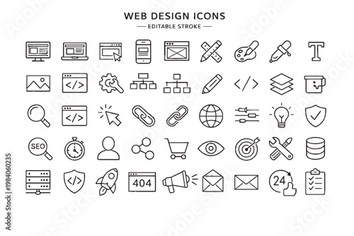 Web Design Line Icons Set, UI UX Design, Website Development, Coding, SEO, Interface Elements, Responsive Design, Digital Marketing Outline Vector Icons Collection