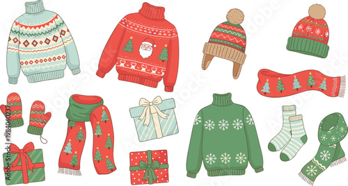 Set of Festive Christmas Sweaters, Scarves, Hats, Gloves, and Gift Boxes in Red, Green, and White for Holiday Decorations, Cards, and Winter Designs