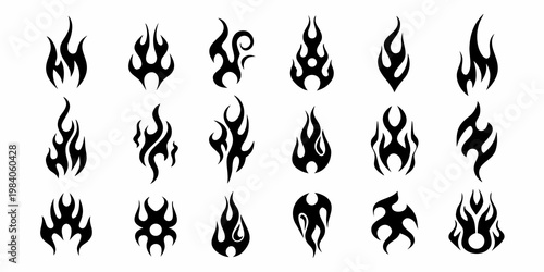 Collection of black tribal flame designs arranged on a white background