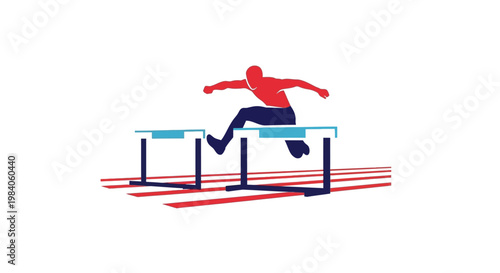 Man jumping over hurdle running fast.