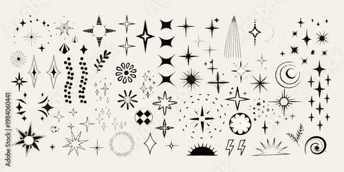 Collection of various black starbursts sparkles and celestial shapes