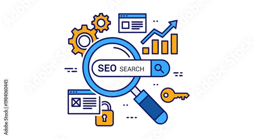 Magnifying glass with SEO search.