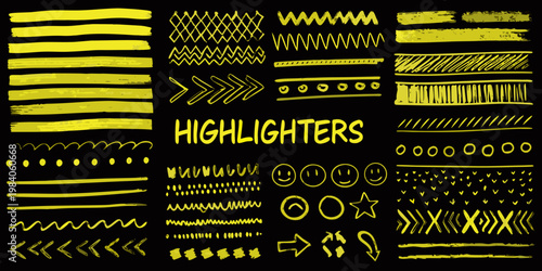 Collection of yellow highlighter marks and doodles on a black background