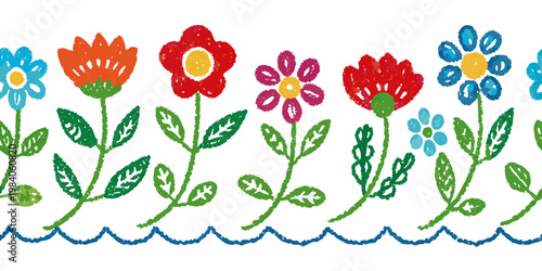A row of colorful childlike crayon flowers with green stems