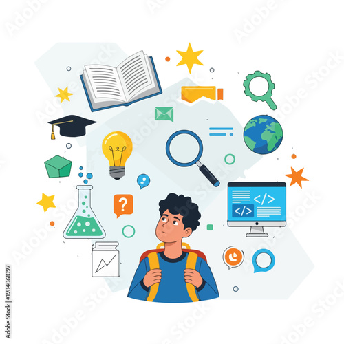 Student with Backpack and Education Icons.