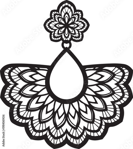 Black and white mandala design, intricate floral pattern, teardrop shape, decorative element, vector illustration