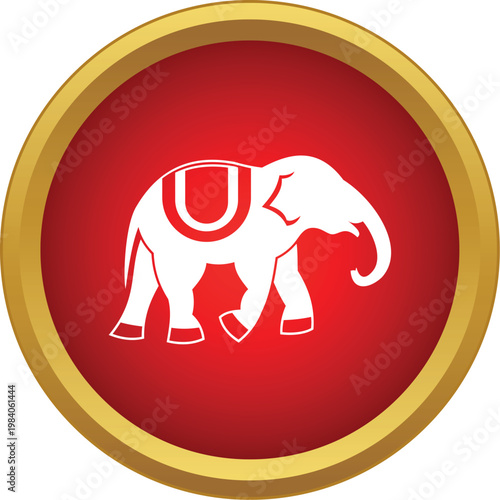 Stylized white elephant walking within a gold framed red circular icon