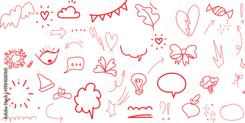collection of hand-drawn red doodle elements on a white background, which are commonly used in graphic design, scrapbooking, or social media stickers.     
