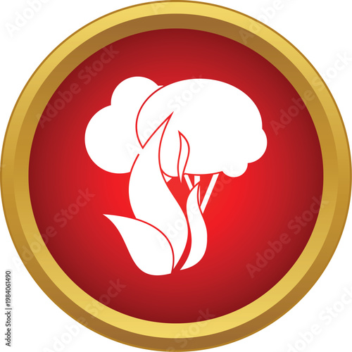 Tree burning with flames and smoke in a red and gold icon