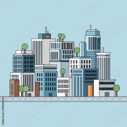 Modern City Skyline Buildings Downtown.