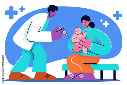 Pediatrician doctor giving a vaccine or check-up to a baby held by mother. Medical healthcare, infant immunization, and postnatal clinical visit vector illustration. Corporate memphis style.