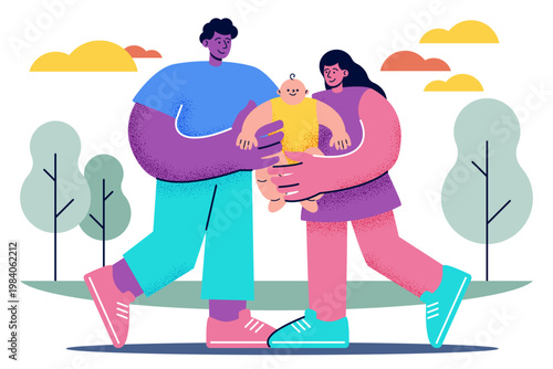 Happy parents walking together with their baby in a park. Outdoor activity, family bonding, healthy lifestyle, and postnatal recovery vector illustration. Corporate memphis style.