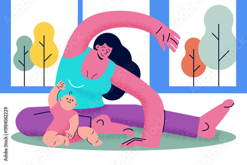 Mother practicing yoga and stretching at home with her baby nearby. Postnatal fitness, wellness, healthy lifestyle, and self-care for new moms vector illustration. Corporate memphis style.