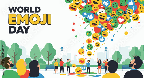 Crowd of people celebrating World Emoji Day with  colorful emoji icons floating in sunny city park in flat illustration design for  social media campaign.