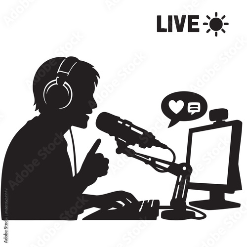 Content creator male streamer live broadcasting with a microphone and computer silhouette