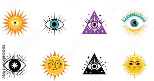 Mystical Sun, Eye, and Triangle Vector Set with Cosmic Elements for Spiritual, Bohemian, and Magical Themed Designs, Illustrations, and Merchandise