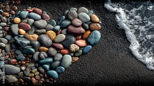 Colorful pebbles shaped in a heart on the shore with black sand and waves from the sea