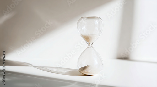 Tranparent thick-glass hourglass with white sand inside  on a white background as a concept of passage of time and human mortality