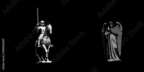 A stark depiction of a knight on horseback facing a weeping angel