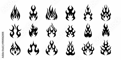 Collection of stylized black flame shapes arranged in a grid pattern