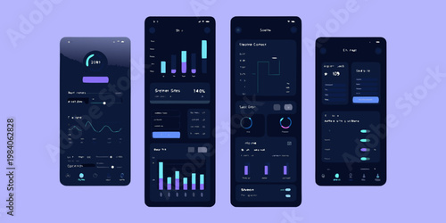 Mockups of a dark themed mobile application interface with data visualizations